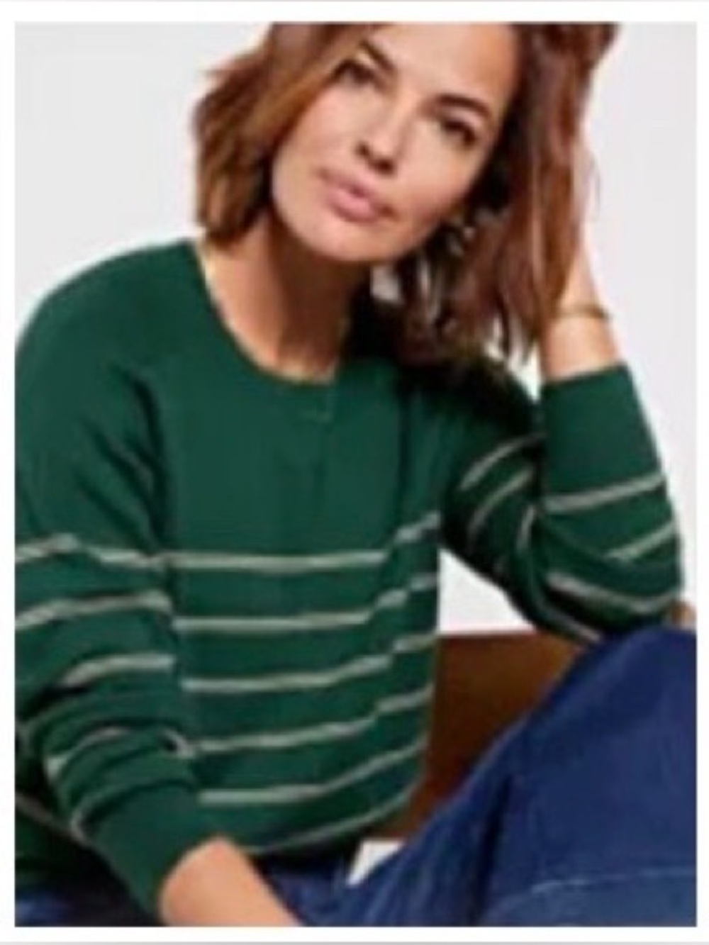 Evereve Forest Green Striped Crewneck Sweater